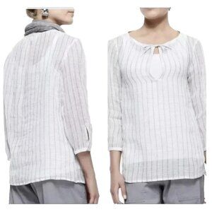 Eileen Fisher Thin Gauzy Boxy Wide Neck Top Women Size XL White Striped Linen
